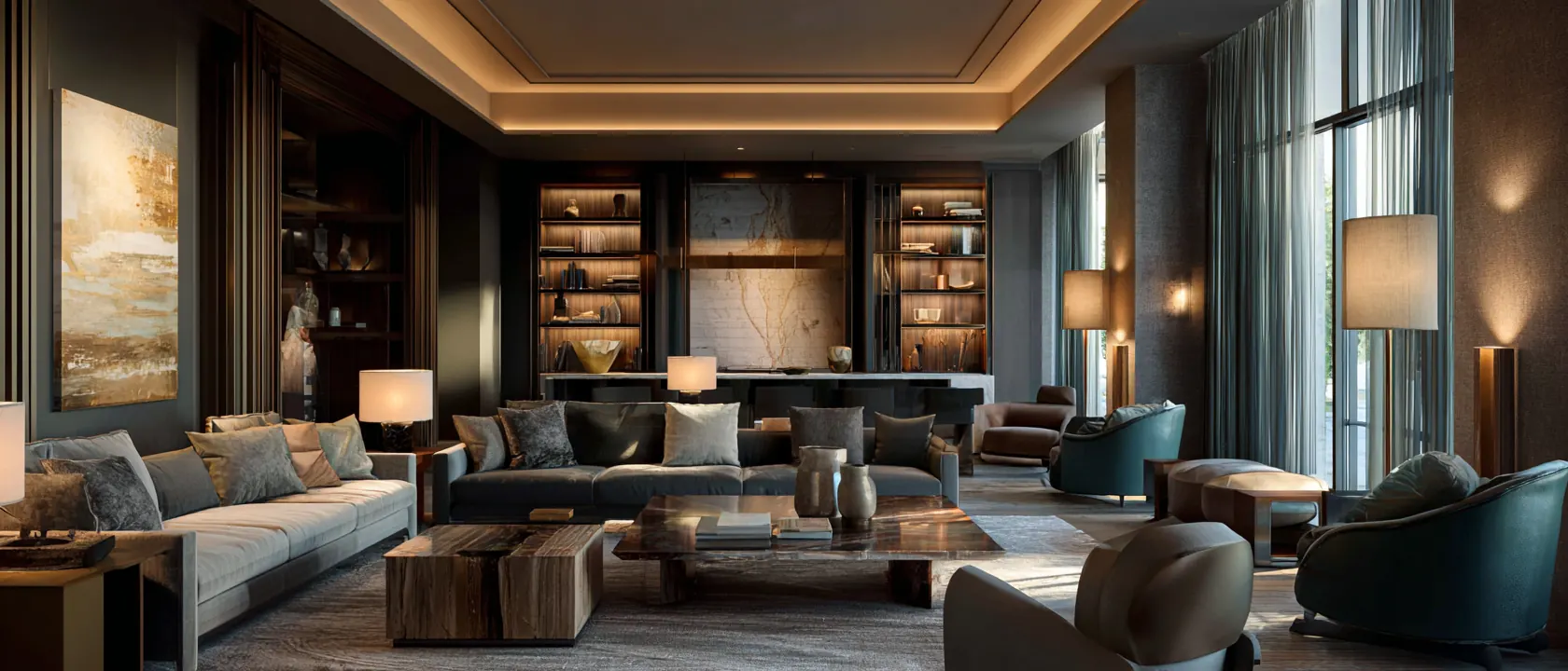 Warm modern living room designed for a Dubai residence